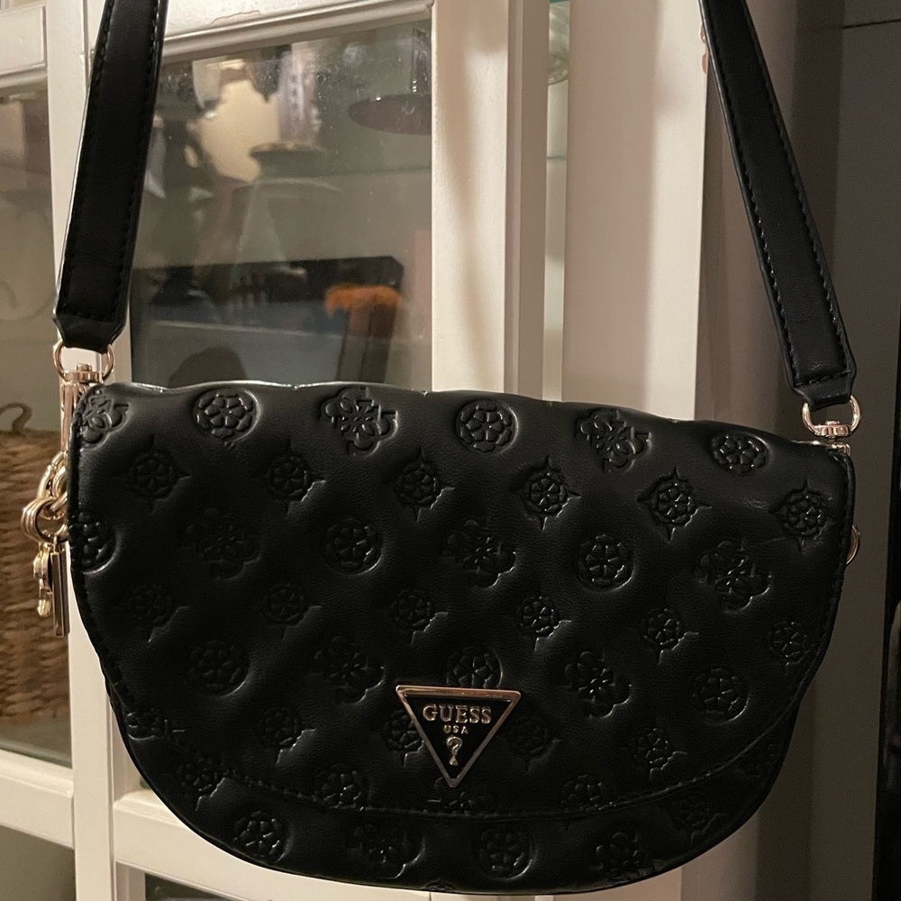 GUESS Women’s Small Crossbody Purse Black Y2K Embossed Puffy Peony Logo